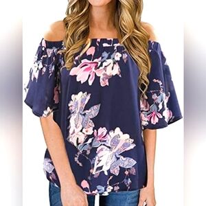 Off Shoulder Blouse Floral Print Short Sleeve Top Size Medium